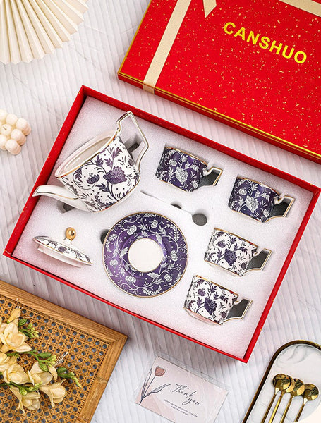 Porcelain Tea Cup and Saucer Set of 4 cups, 8 oz British Traditional Afternoon Tea Cup Set with Teapot, Ceramic Coffee Cup with Saucer in Gift Box-HomePaintingDecor