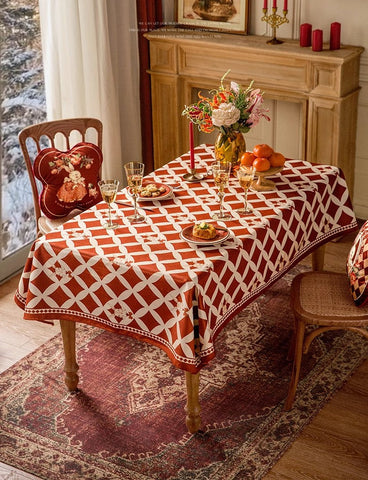 Holiday Red Tablecloth for Dining Table, Rabbit Pattern Table Cover for Dining Room Table, Modern Rectangle Tablecloth for Oval Table-HomePaintingDecor