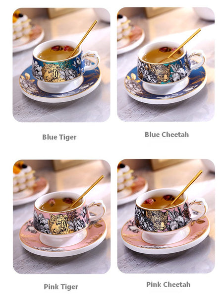 Unique Ceramic Cups with Gold Trim and Gift Box, Creative Ceramic Tea Cup and Saucer, Jungle Tiger Cheetah Porcelain Coffee Cups-HomePaintingDecor