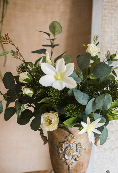 Eucalyptus Globulus, Clematis, White Rose Flowers, Unique Flower Arrangement for Home Decoration, Beautiful Modern Artificial Flowers for Dining Room Table-HomePaintingDecor