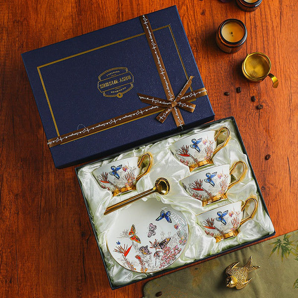 Ceramic Coffee Cups in Gift Box, Butterfly Pattern Porcelain Tea Cup and Saucer Set, British Afternoon Tea Cup and Saucer Set-HomePaintingDecor