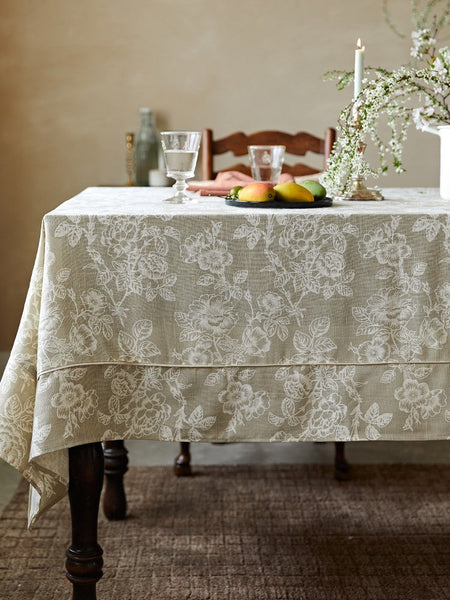 French Flower Pattern Tablecloth for Round Table, Vintage Rectangle Tablecloth for Dining Room Table, Rustic Farmhouse Table Cover for Kitchen-HomePaintingDecor