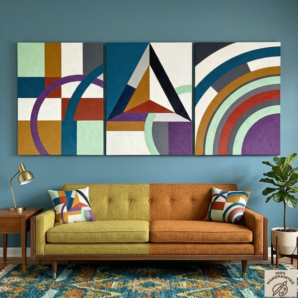 Multi Panel Canvas Art, Geometric Pattern Contemporary Artwork, Abstract Paintings for Mid Century Modern Living Room-HomePaintingDecor