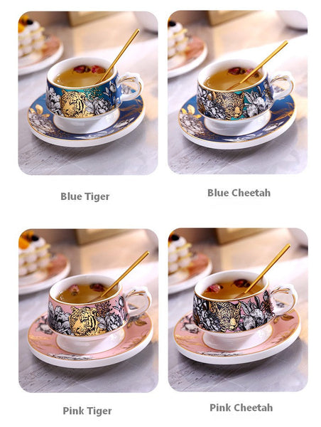 Handmade Ceramic Cups with Gold Trim and Gift Box, Jungle Tiger Cheetah Porcelain Coffee Cups, Creative Ceramic Tea Cups and Saucers-HomePaintingDecor