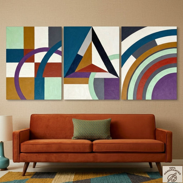 Multi Panel Canvas Art, Geometric Pattern Contemporary Artwork, Abstract Paintings for Mid Century Modern Living Room-HomePaintingDecor