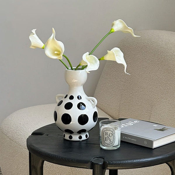 Ceramic Bud Vases, Small Flower Vases on Table, Black and White Polka Dot Flower Vase, Modern Porcelain Flower Vases, Handmade Water Holding Flower Vases-HomePaintingDecor