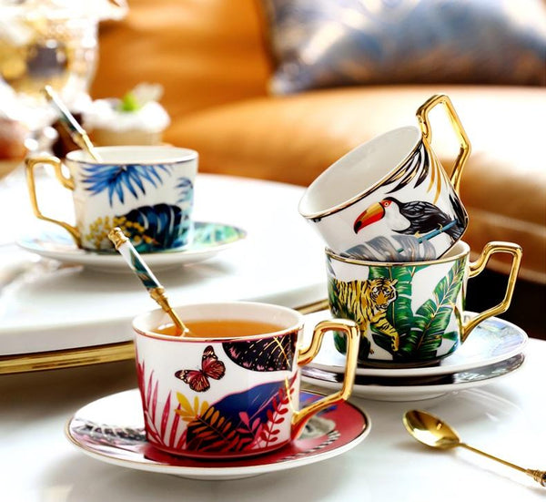 Elegant Tea Cup and Saucer, Jungle Toucan Pattern Porcelain Coffee Cups, 7.4 oz Coffee Cups with Gold Trim and Gift Box-HomePaintingDecor