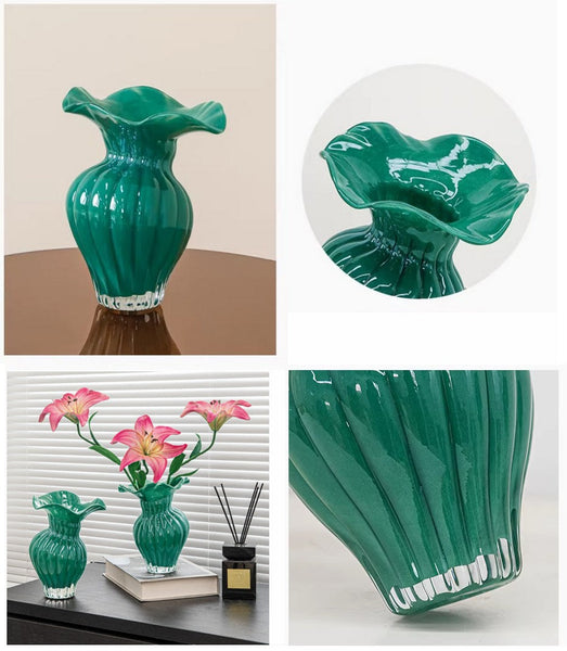 Unique Handmade Liuli Vases, Color Glaze Vase, Contemporary Vases for Modern Home Decor, Green Glass Bud Vases, Centerpiece Vases on Table-HomePaintingDecor