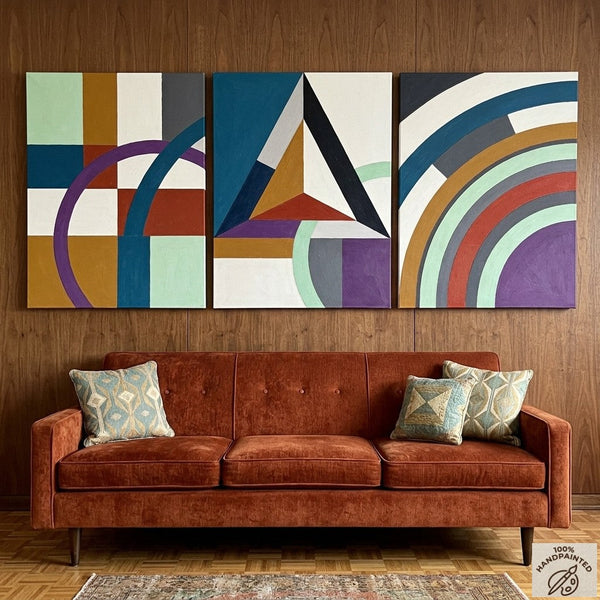 Multi Panel Canvas Art, Geometric Pattern Contemporary Artwork, Abstract Paintings for Mid Century Modern Living Room-HomePaintingDecor