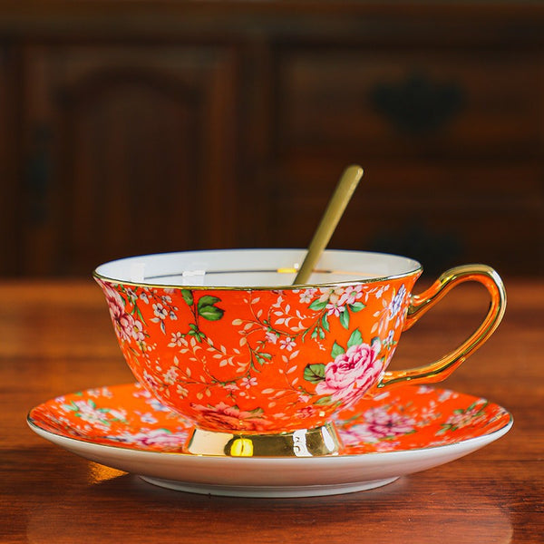 Porcelain Tea Cup Saucer Set, Floral Ceramic Coffee Cup with Saucer, Beautiful British Tea Cup and Saucer, Flower Tea Cup and Saucer Set in Gift Box-HomePaintingDecor