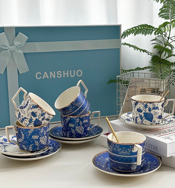 8 oz Traditional Afternoon Tea Blue Porcelain Tea Cup and Saucer Set of 4 cups, British Traditional Afternoon Tea Cup Set with Teapot, Ceramic Coffee Cup with Saucer in Gift Box-HomePaintingDecor