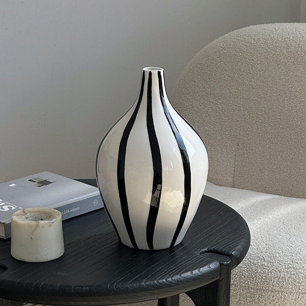 Water Holding Flower Vases, Black and White Striped Ceramic Vase, Porcelain Flower Vases, Modern Flower Vases on Table-HomePaintingDecor