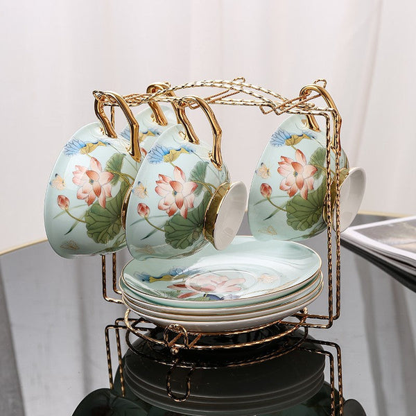 Unique British Tea Cup and Saucer in Gift Box, Lotus Flower Bone China Porcelain Tea Cup Set, Elegant British Ceramic Coffee Cups-HomePaintingDecor