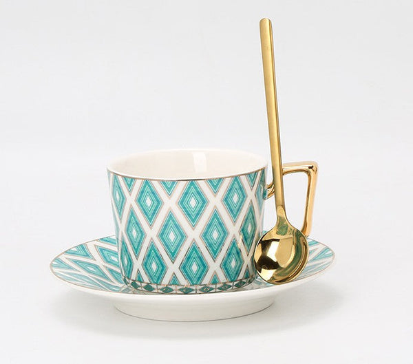 Afternoon Green British Tea Cups, Unique Ceramic Coffee Cups, Creative Bone China Porcelain Tea Cup Set, Traditional English Tea Cups and Saucers-HomePaintingDecor