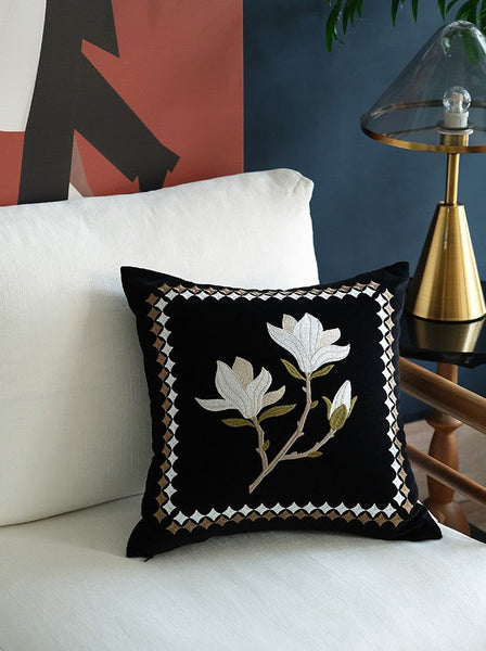 Magnolia Embroidered Cushion, Decorative Pillow Arrangement Ideas for Couch, Large Decorative Pillows for Couch, Modern Throw Pillows for Bedroom, Living Room Decorative Pillows-HomePaintingDecor