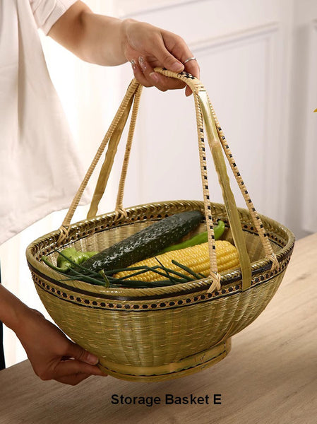 Natural Hand-woven Bamboo Basket, Natural Fruit Basket Kitchen Storage Baskets, Extra Large Picnic Food Basket with Handle, Lovely Bamboo Baskets for Vegetable-HomePaintingDecor