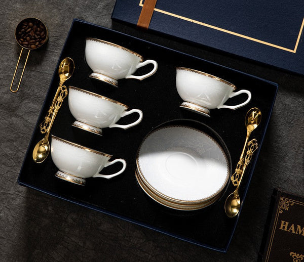 Elegant British Ceramic Coffee Cups, 7.8 oz Porcelain Coffee Cup Set, White Ceramic Cups, Unique Tea Cup and Saucer in Gift Box-HomePaintingDecor