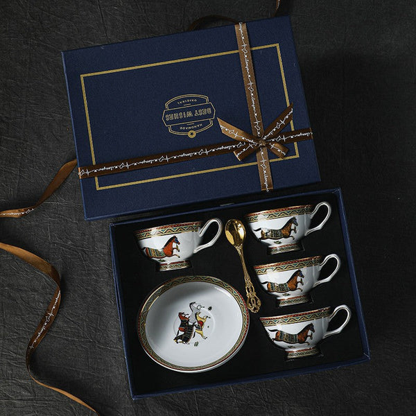 Elegant British Horse Pattern Coffee Cup with Saucer, Ceramic Tea Cup and Saucer in Gift Box, Porcelain Tea Cup and Saucer Set-HomePaintingDecor