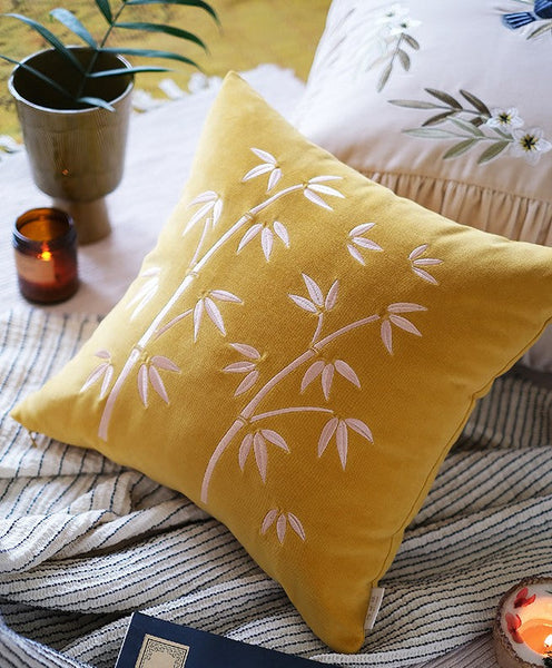 Large Decorative Pillows for Couch, Modern Throw Pillows for Bedroom, Living Room Decorative Pillows, Yellow Embroidered Bamboo Cushion, Decorative Pillow Arrangement Ideas for Couch-HomePaintingDecor