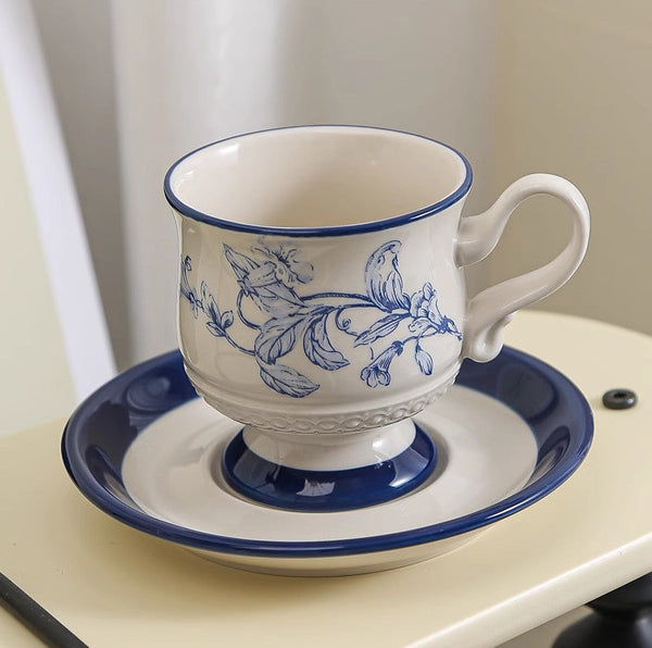 Creative Blue Coffee Cup and Saucer, 8 oz Ceramic Cups for Traditional Afternoon Tea, Creative Porcelain Tea Cup Saucer Set, Beautiful British Tea Cups-HomePaintingDecor