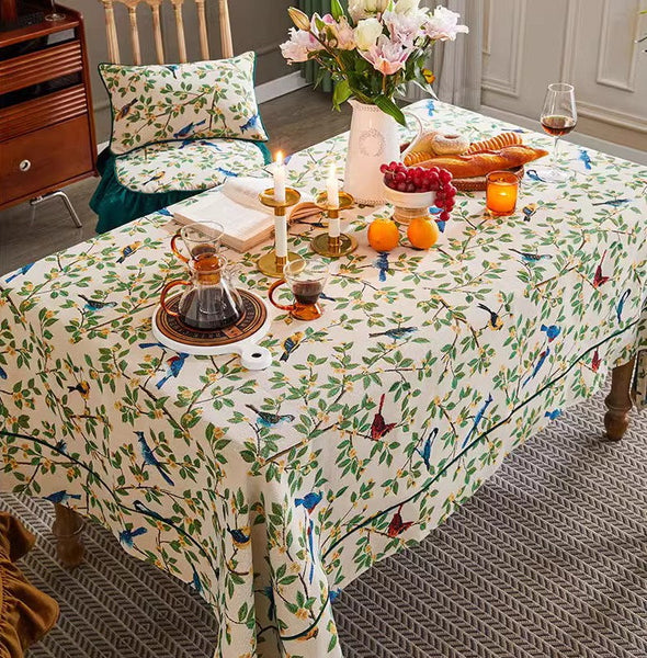 Bird Flower Pattern Farmhouse Table Cloth, Large Modern Rectangle Tablecloth for Dining Room Table, Square Tablecloth for Round Table-HomePaintingDecor