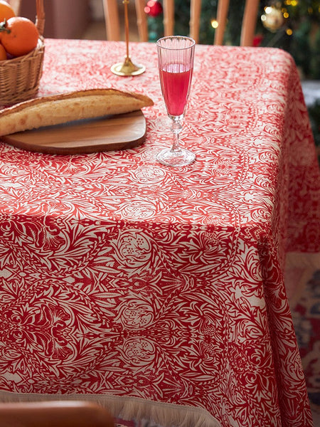 Large Fiberflax Rectangle Tablecloth for Home Decoration, Red Flower Pattern Tablecloth for Holiday Decoration, Square Tablecloth for Round Table-HomePaintingDecor
