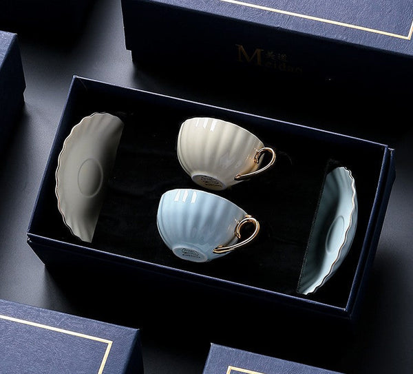 Elegant Macaroon Ceramic Coffee Cups, Beautiful British Tea Cups, Creative Porcelain Tea Cup Saucer Set of 2 Cups, 6.8 oz Tea Cup and Saucer in Gift Box as Birthday Gift-HomePaintingDecor