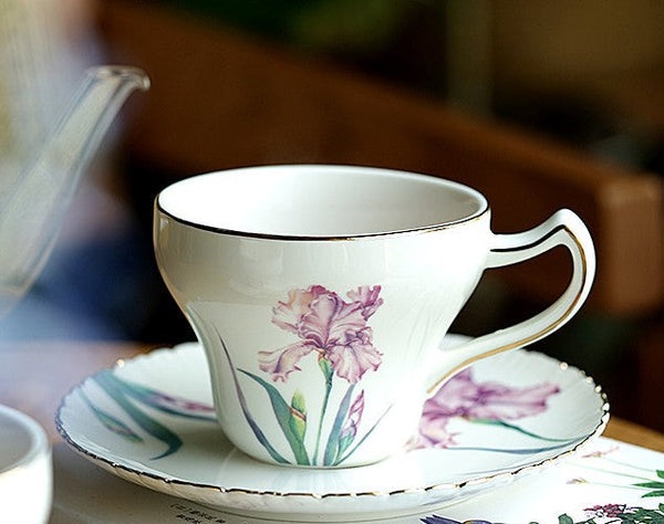 Iris Flower British Tea Cups, Beautiful Bone China Porcelain Tea Cup Set, Traditional English Tea Cups and Saucers, Unique Ceramic Coffee Cups in Gift Box-HomePaintingDecor