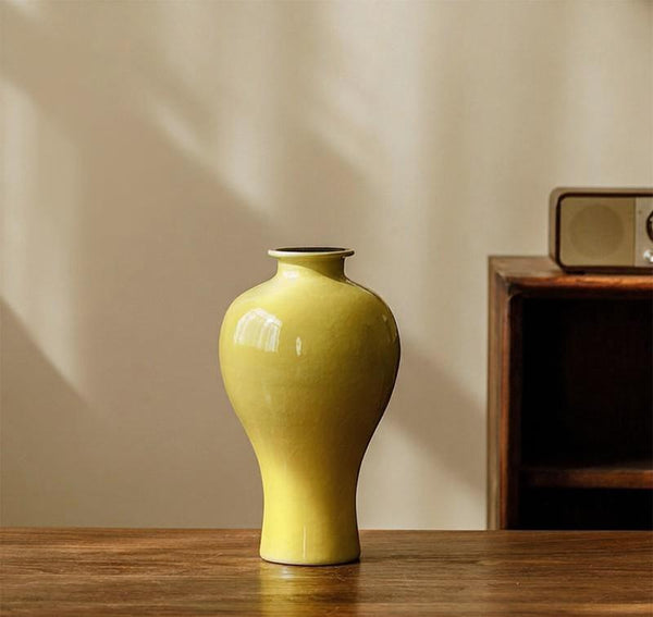 Porcelain Flower Vases, Handmade Water Holding Flower Vase, Yellow Flower Vases on Table, Ceramic Bud Vases-HomePaintingDecor