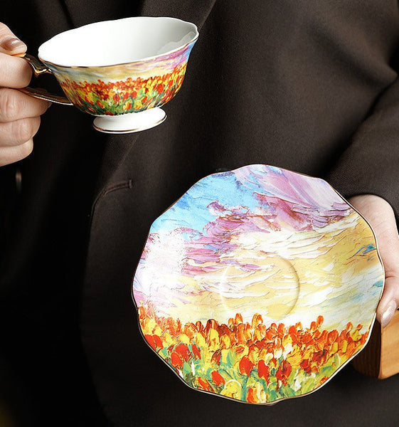 Elegant Ceramic Coffee Cups, Flower Field Vintage Porcelain Tea Cup Saucer Set, Unique British Tea Cup and Saucer in Gift Box, Royal Ceramic Cups-HomePaintingDecor