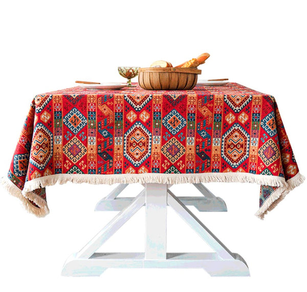 Oriental Red Rectangular Table Covers for Coffee Table, Bohemian Rectangular Tablecloth for Oval Table, Large Modern Linen Tablecloths-HomePaintingDecor