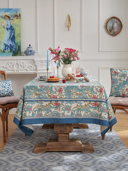 Blue Flower Rectangle Table Cloth, Modern Rectangular Tablecloth Ideas for Dining Table, Square Linen Tablecloth for Coffee Table-HomePaintingDecor