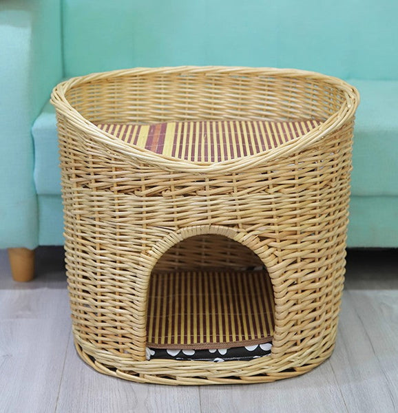 Washable Wicker Cat Bed, Wicker Cat House with Washable Cushion for Indoor Cats and Dogs-HomePaintingDecor