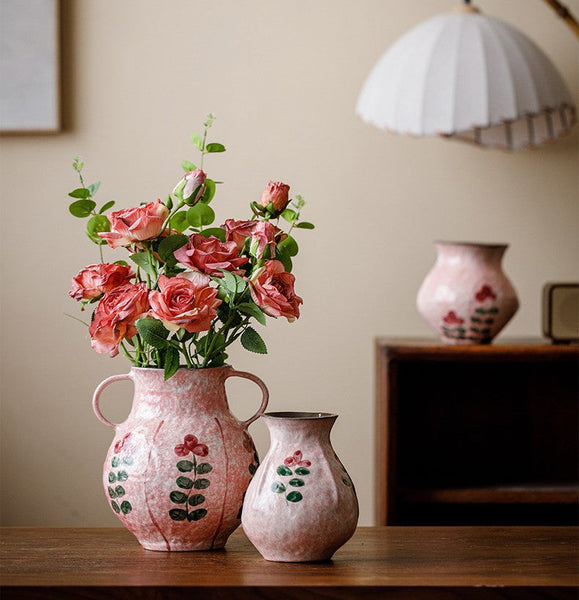 Handmade Water Holding Flower Vases, Rustic Pottery Flower Vases, Small Flower Vases on Table, Pink Bud Vases-HomePaintingDecor