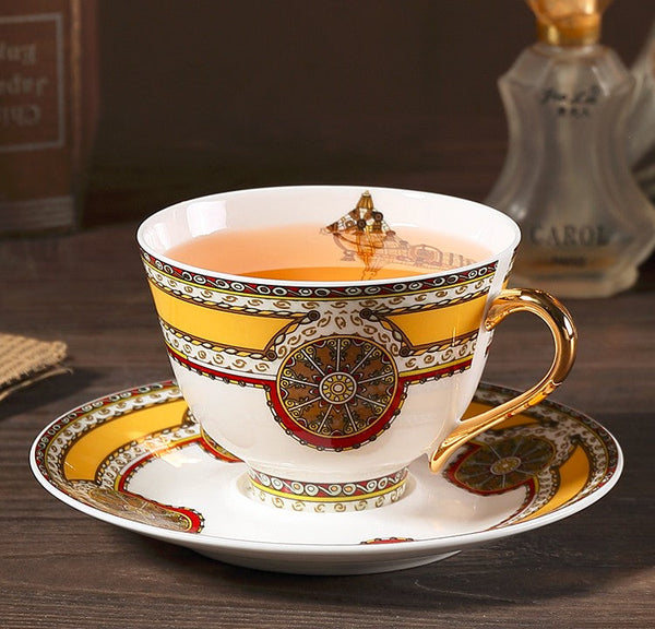 Handmade Beautiful British Tea Cups, Creative Porcelain Tea Cup Saucer Set, Yellow Royal Ceramic Coffee Cups, 6.8 oz Tea Cup and Saucer-HomePaintingDecor