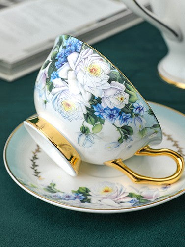 Elegant British Ceramic Coffee Cups, 7.4 oz Tea Cup and Saucer in Gift Box, Royal Porcelain Tea Cup Saucer Set, Rose Flower Pattern Ceramic Cups-HomePaintingDecor