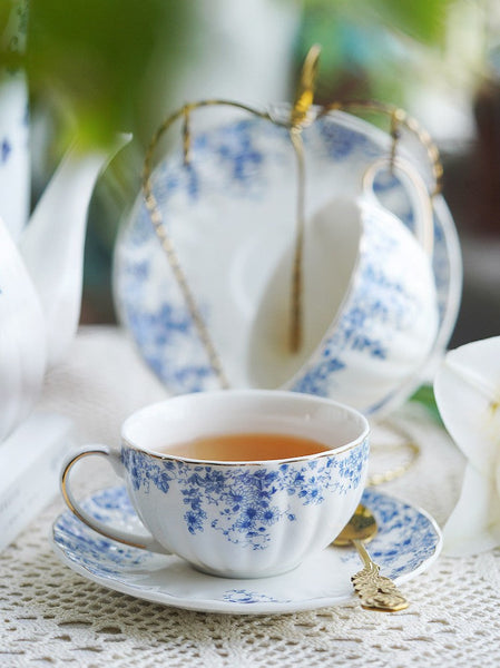 Blue Bone China Porcelain Tea Cup Set, British Royal Ceramic Cups for Afternoon Tea, Unique Blue Tea Cup and Saucer in Gift Box, Elegant Ceramic Coffee Cups-HomePaintingDecor