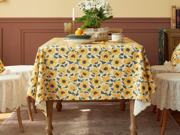 Modern Rectangle Tablecloth for Dining Room Table, Yellow Sunflower Pattern Farmhouse Table Cloth, Square Tablecloth for Round Table-HomePaintingDecor