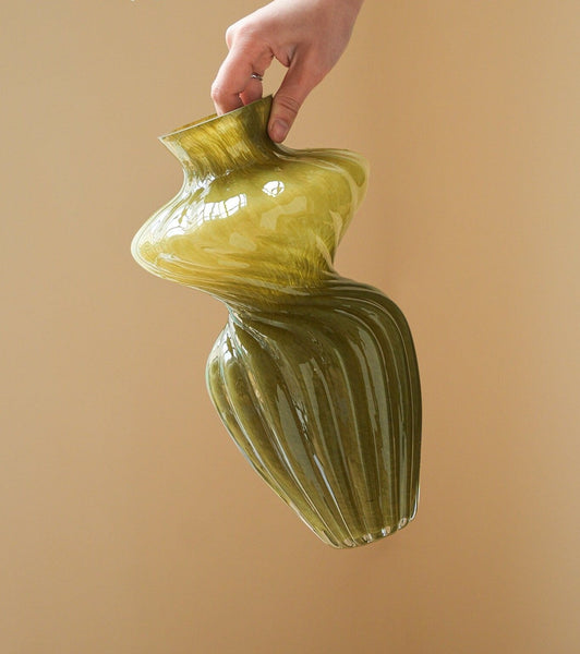 Handmade Contemporary Glass Vases, Modern Green Vases for Living Room, Mid Century Vases for Flowers, Unique Decorative Glass Vase, Centerpiece Vases on Table-HomePaintingDecor