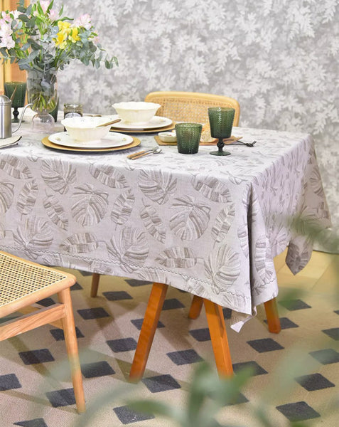 Monstera Leaf Modern Table Cloths for Kitchen, Simple Contemporary Grey Cotton Tablecloth, Large Rectangle Table Covers for Dining Room Table, Square Tablecloth for Round Table-HomePaintingDecor