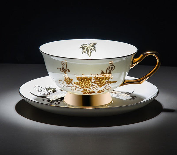 Golden Leaves and Grapes Porcelain Tea Cup Saucer Set, 7.4 oz British Tea Cup and Saucer in Gift Box, Elegant British Ceramic Coffee Cups-HomePaintingDecor