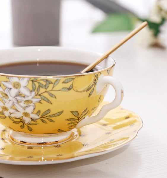 Creative Yellow Ceramic Coffee Cups, Unique Flower Coffee Cup and Saucer, Beautiful British Tea Cups, Creative Porcelain Tea Cup Set-HomePaintingDecor