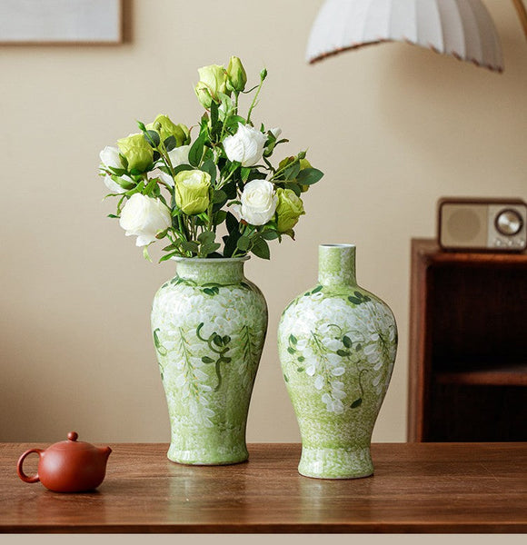 Large Flower Vases on Table, Green Porcelain Flower Vases, Centerpiece Ceramic Bud Vases, Handmade Water Holding Flower Vase-HomePaintingDecor
