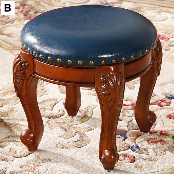 Solid Wood Ottoman, Rubberwood Entry Bench, Vanity Stool, Genuine Leather Solid Wood Entry Bench, Vintage Round Stool-HomePaintingDecor