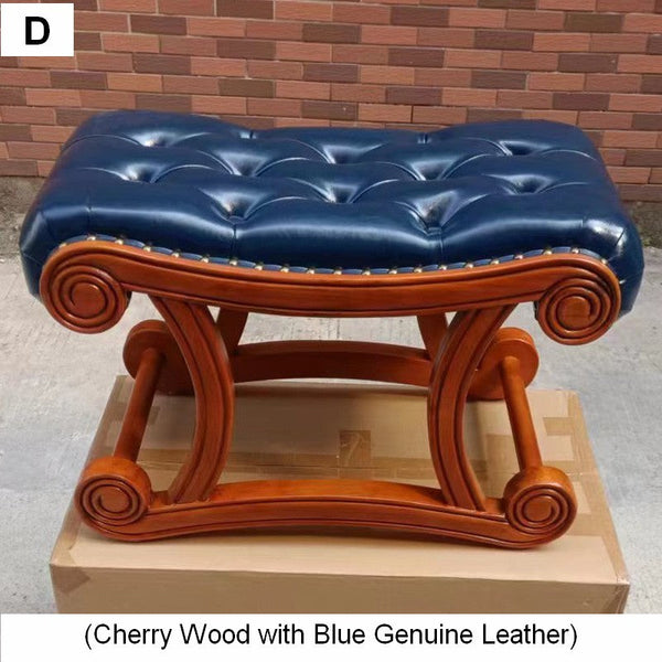 Vintage Leather Stool, Genuine Leather Solid Wood Entry Bench, Cherry Wood Footstool, Long Bench, Vanity Stool, Dressing Table Stool-HomePaintingDecor
