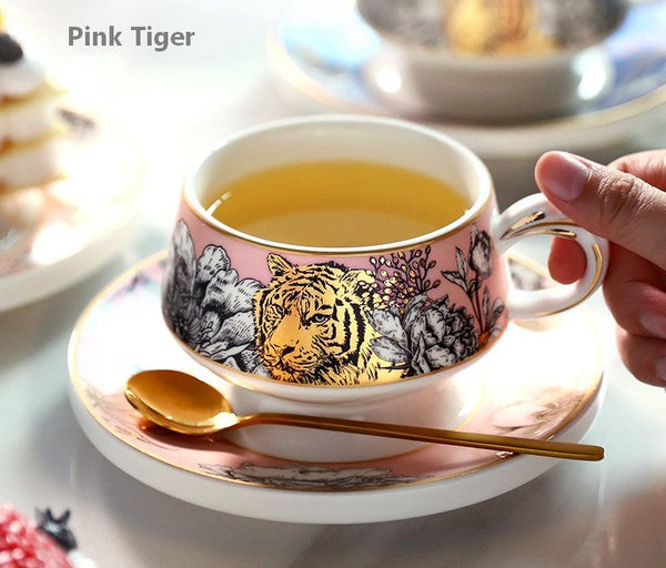 Unique Ceramic Cups with Gold Trim and Gift Box, Creative Ceramic Tea Cups and Saucers, Jungle Tiger Cheetah Porcelain Coffee Cups-HomePaintingDecor