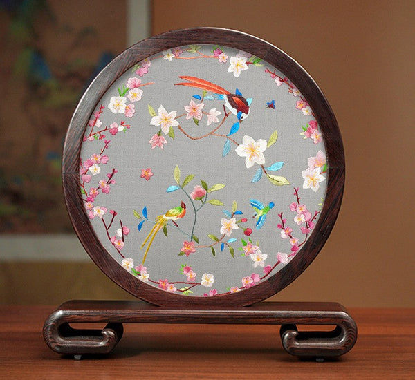 Flower and Birds Silk Embroidery Ornaments, Exclusive Business Presents, Creative Birthday Gift, Premium Souvenir, Traditional Chinese Suzhou Silk Embroidery-HomePaintingDecor