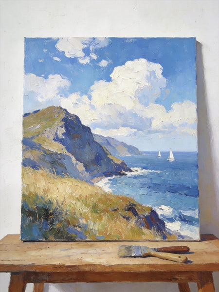 Original Landscape Paintings, Sails Beneath the Cliffside Clouds, Hand Painted Canvas Art, Small Canvas Wall Art Paintings, Buy Small Paintings Online, Original Oil Paintings