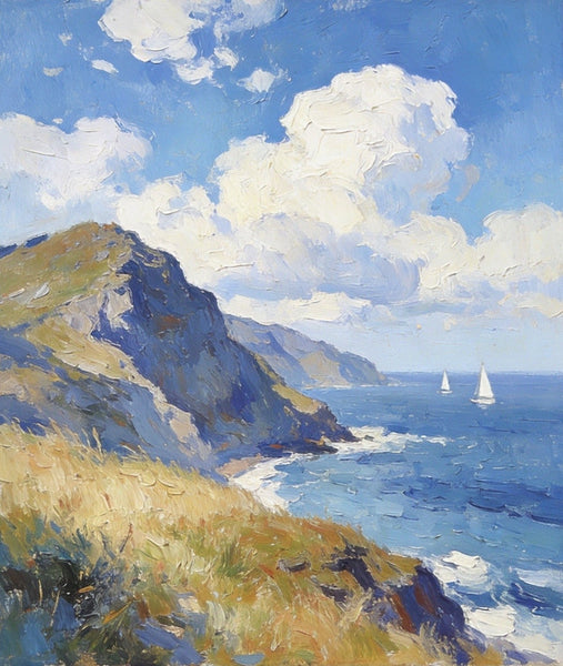 Original Landscape Paintings, Sails Beneath the Cliffside Clouds, Hand Painted Canvas Art, Small Canvas Wall Art Paintings, Buy Small Paintings Online, Original Oil Paintings