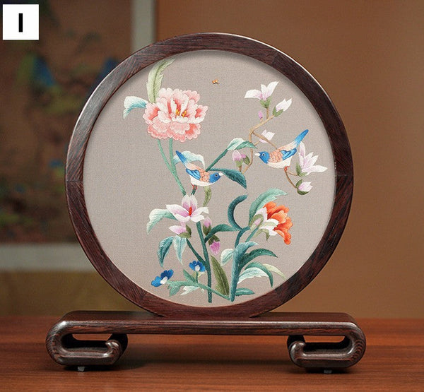 Flower and Birds Silk Embroidery Ornaments, Exclusive Business Presents, Creative Birthday Gift, Premium Souvenir, Traditional Chinese Suzhou Silk Embroidery-HomePaintingDecor